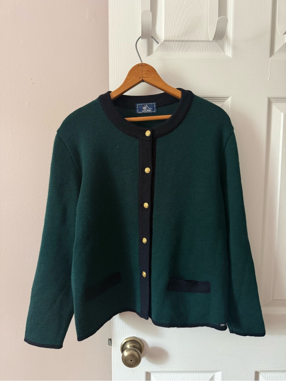 Saint James Vintage 100% Wool Green Cardigan Gold Buttons Front Maritime Women’s